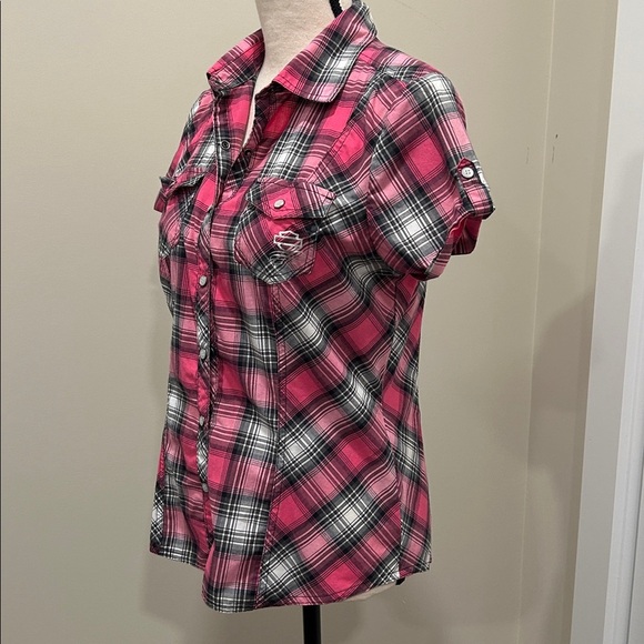 Harley Davidson Pink and Black Plaid Shirt - Picture 6 of 9